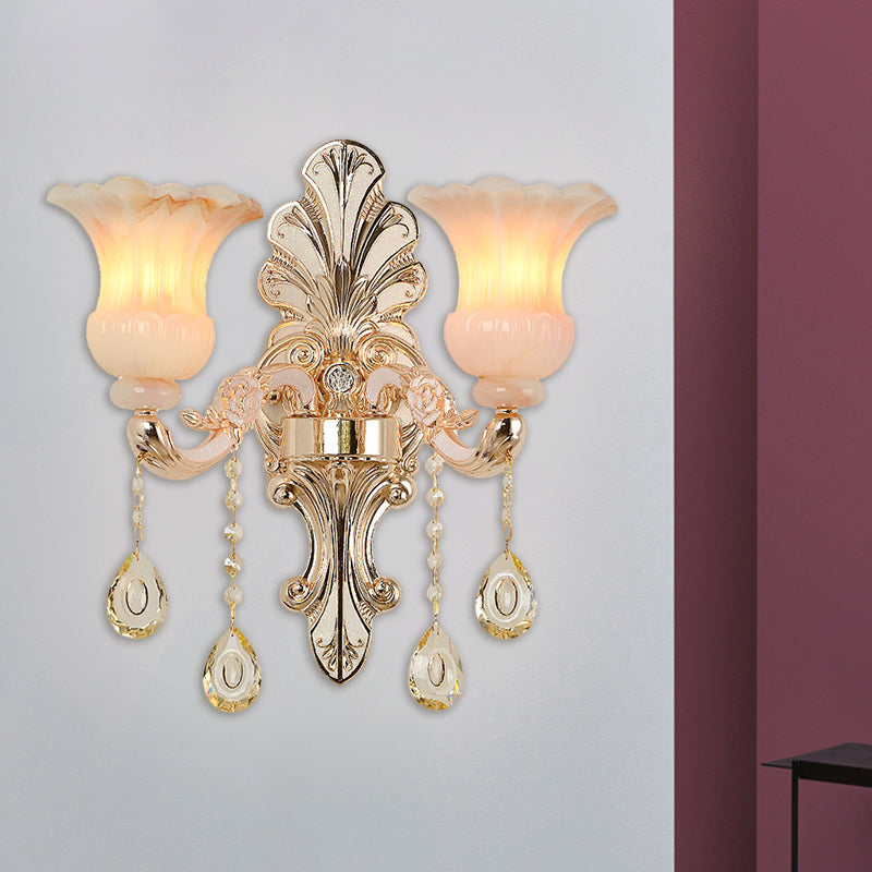 Frendorf | Kristall Champagner Wandbeleuchtung Idee Blumen Shade 1/2-Kopf Klassische Wandmontierte Lampe Leuchte