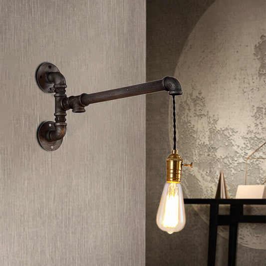 Frendorf | Steampunk Open Bulb Wandlamp Fixture met Hangkoord en Pijp 1 Licht Metaal Wandmontage Lamp in Verouderd Zilver