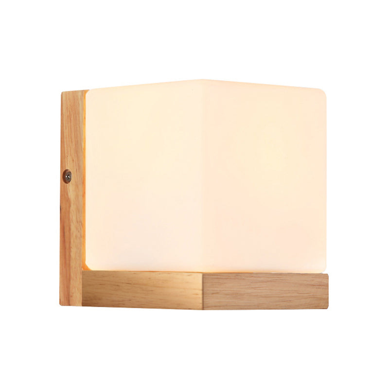Frendorf | Hotel Restaurant Cube Wandlamp Opal Glas Holz 1 Licht Japanischer Stil Weiße Wandlampe