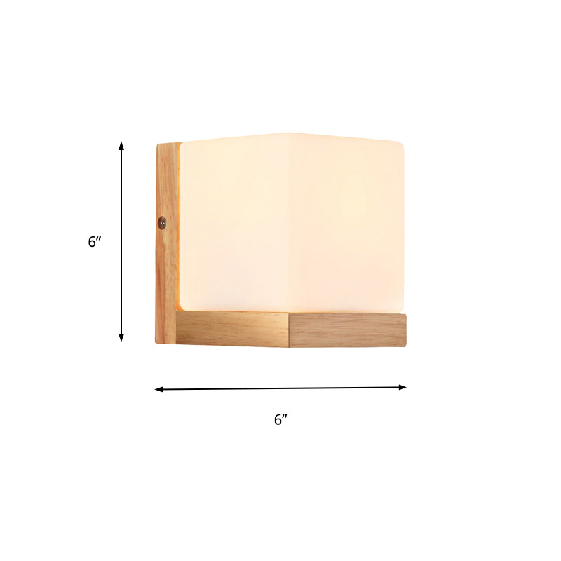 Frendorf | Hotel Restaurant Cube Wandlamp Opal Glas Holz 1 Licht Japanischer Stil Weiße Wandlampe