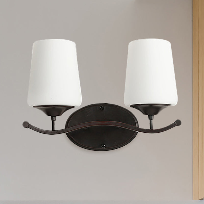 Frendorf | 2/3-Lampe Elfenbein Glas Vanity Beleuchtung Traditionelle schwarze konische Schlafzimmer Wandbeleuchtung mit Eisen Wellenarm