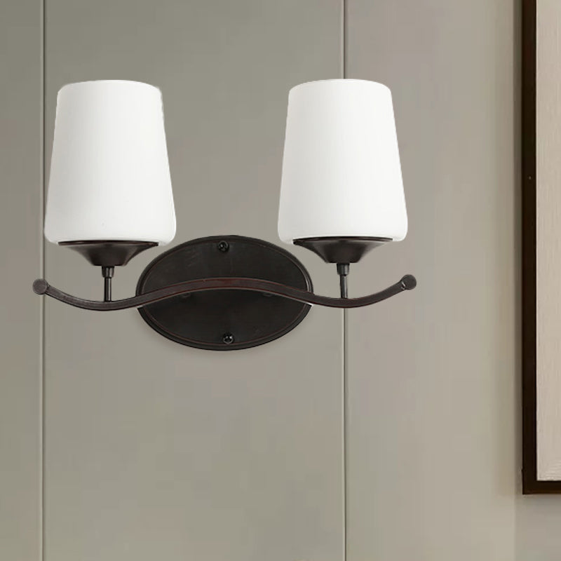 Frendorf | 2/3-Lampe Elfenbein Glas Vanity Beleuchtung Traditionelle schwarze konische Schlafzimmer Wandbeleuchtung mit Eisen Wellenarm