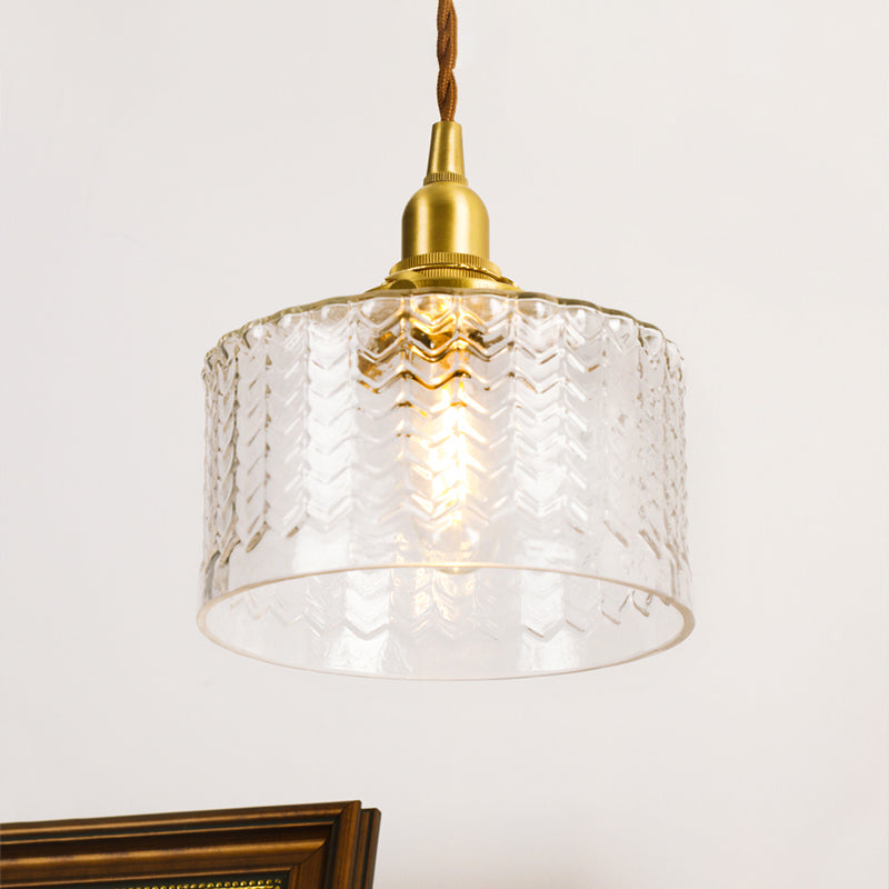 Trommel klare strukturierte Glas Pendelleuchte Kolonialist 6"/8" B 1 Kopf Wohnzimmer Hängelampe Deckenlicht in Gold