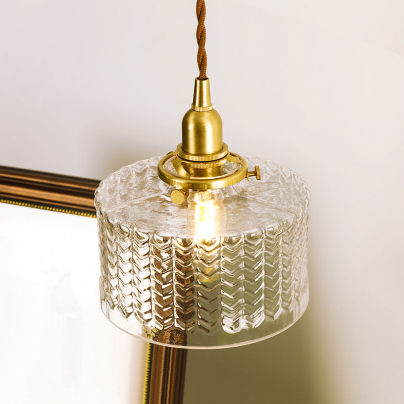 Trommel klare strukturierte Glas Pendelleuchte Kolonialist 6"/8" B 1 Kopf Wohnzimmer Hängelampe Deckenlicht in Gold