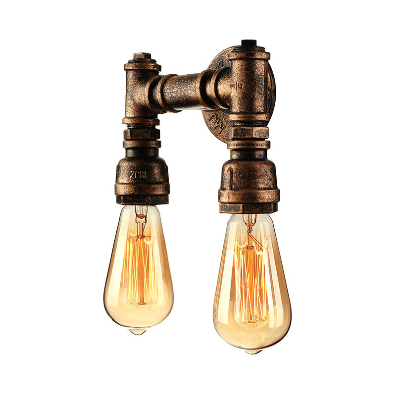 Frendorf | Industriële Bare Bulb Wandlamp Verlichting met Waterpijp 2 Lichten Metallic Wandgemonteerde Lamp in Zwart/Antiek Messing