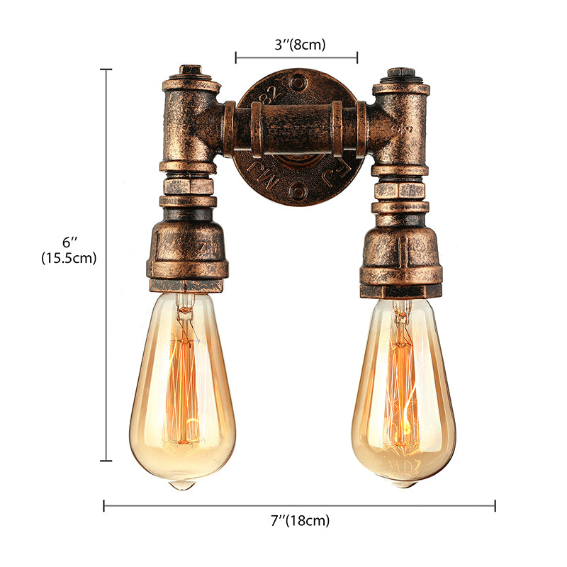 Frendorf | Industriële Bare Bulb Wandlamp Verlichting met Waterpijp 2 Lichten Metallic Wandgemonteerde Lamp in Zwart/Antiek Messing
