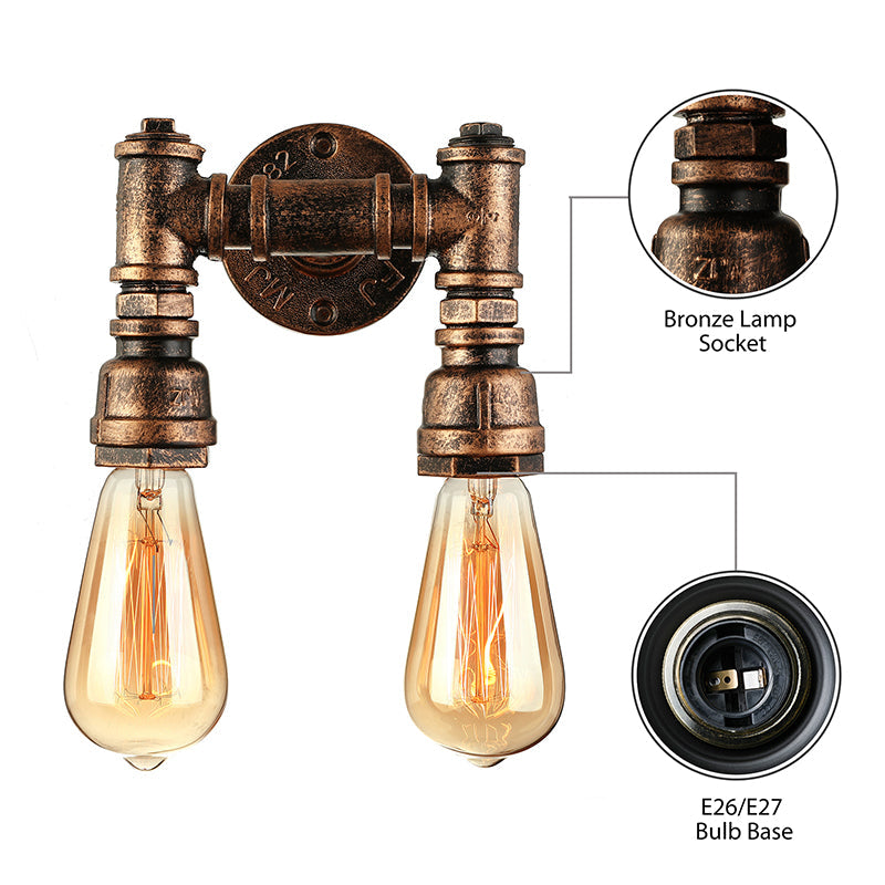 Frendorf | Industriële Bare Bulb Wandlamp Verlichting met Waterpijp 2 Lichten Metallic Wandgemonteerde Lamp in Zwart/Antiek Messing