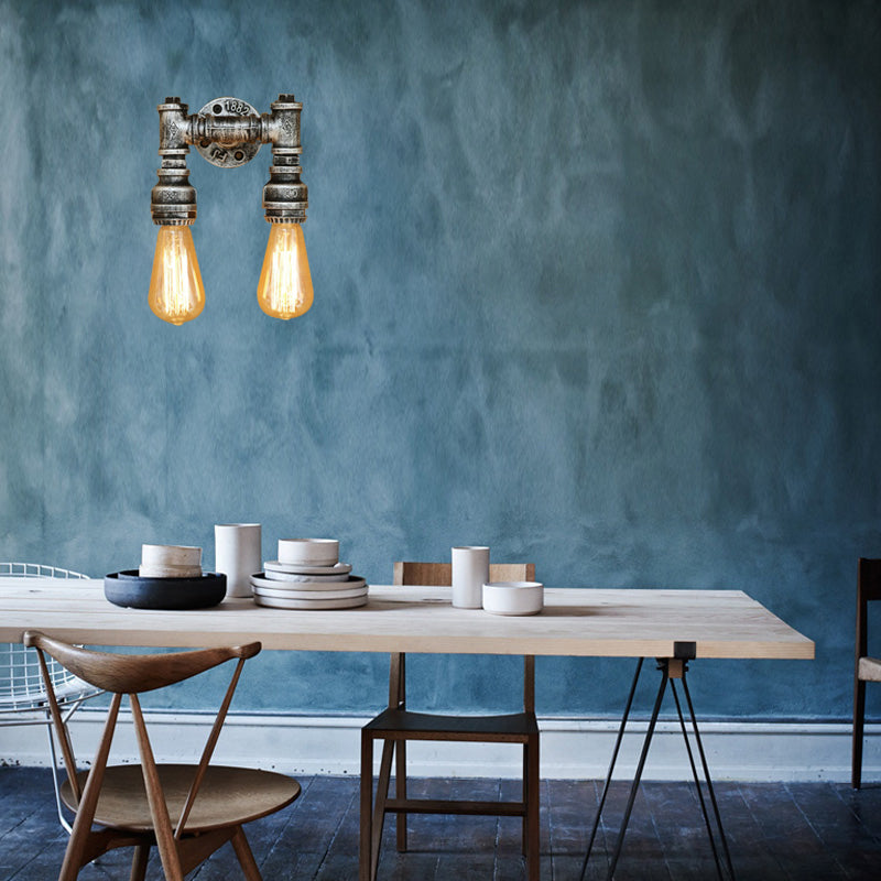 Frendorf | Industriële Bare Bulb Wandlamp Verlichting met Waterpijp 2 Lichten Metallic Wandgemonteerde Lamp in Zwart/Antiek Messing