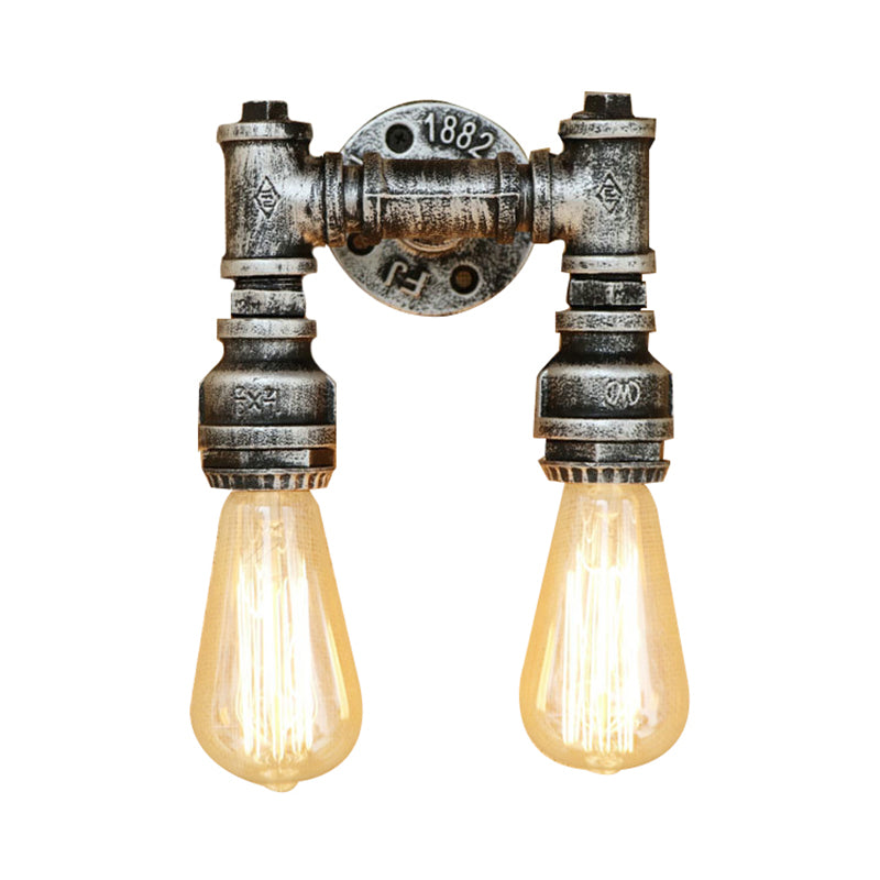 Frendorf | Industriële Bare Bulb Wandlamp Verlichting met Waterpijp 2 Lichten Metallic Wandgemonteerde Lamp in Zwart/Antiek Messing