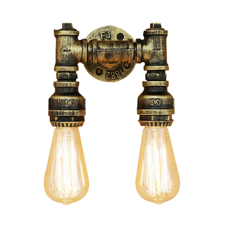 Frendorf | Industriële Bare Bulb Wandlamp Verlichting met Waterpijp 2 Lichten Metallic Wandgemonteerde Lamp in Zwart/Antiek Messing