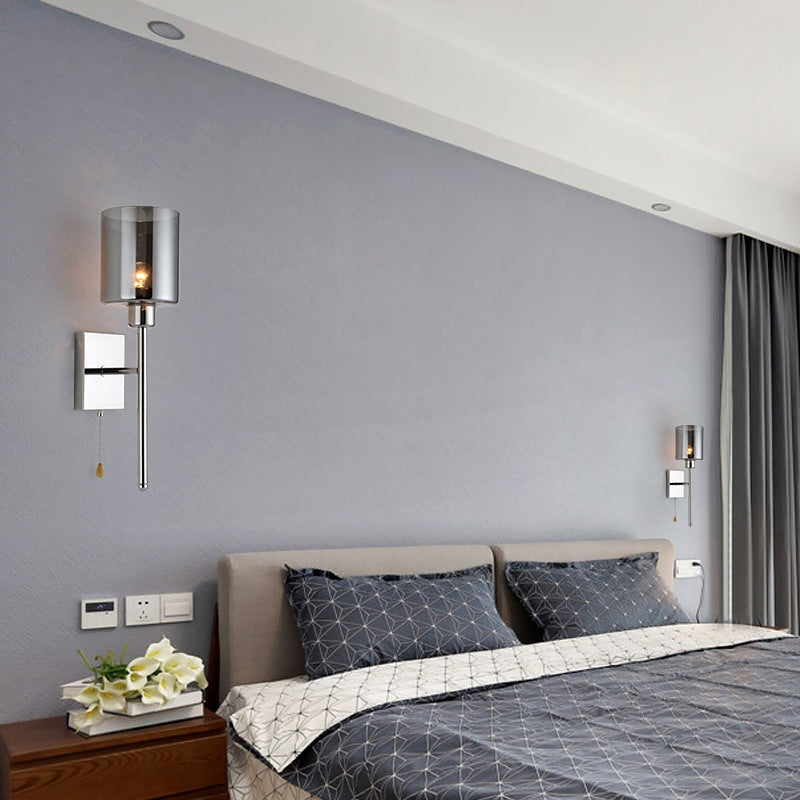 Frendorf | Beige/Chromen Zylindrische Wandleuchte Modern 1 Licht Rauch/Klares Glas Wandmontage Licht mit Schalter/Kein Schalter/Kabelschalter