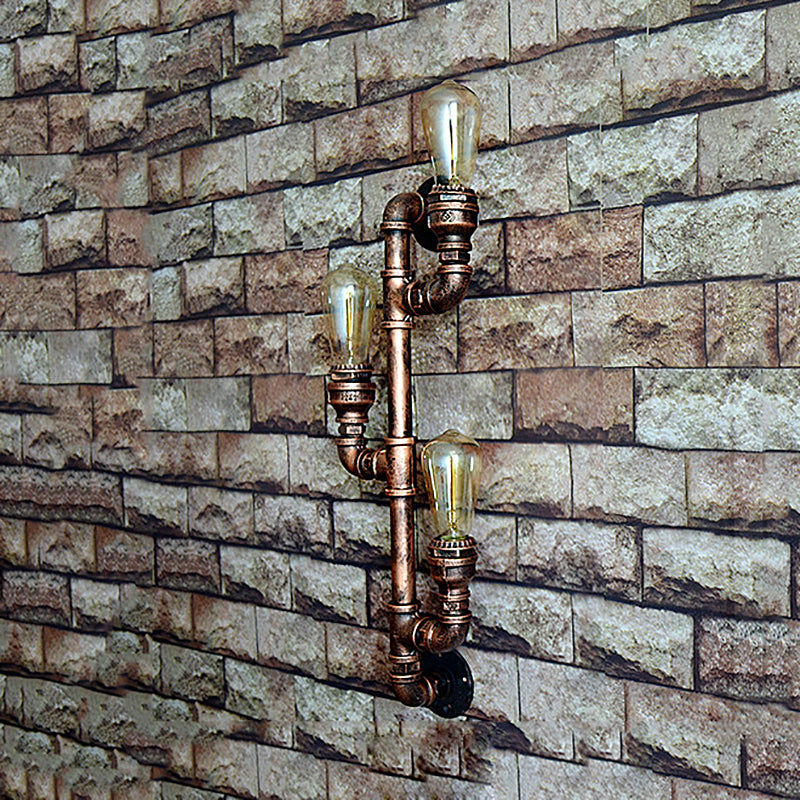 Frendorf | Warehouse Waterpijp Wandlamp met Blootgestelde Gloeilamp 2/3 Lichten IJzeren Wandlamp in Verweerd Koper