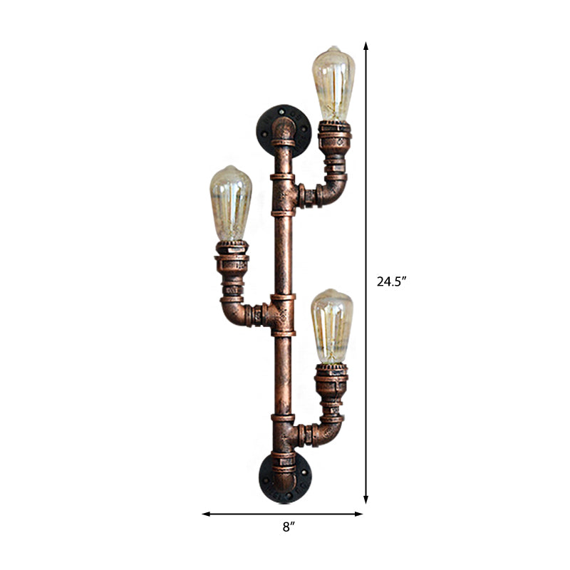 Frendorf | Warehouse Waterpijp Wandlamp met Blootgestelde Gloeilamp 2/3 Lichten IJzeren Wandlamp in Verweerd Koper