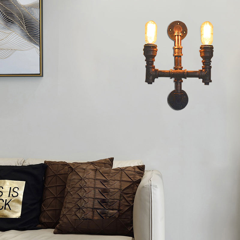 Frendorf | Warehouse Waterpijp Wandlamp met Blootgestelde Gloeilamp 2/3 Lichten IJzeren Wandlamp in Verweerd Koper
