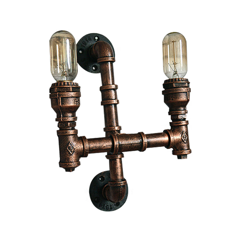Frendorf | Warehouse Waterpijp Wandlamp met Blootgestelde Gloeilamp 2/3 Lichten IJzeren Wandlamp in Verweerd Koper