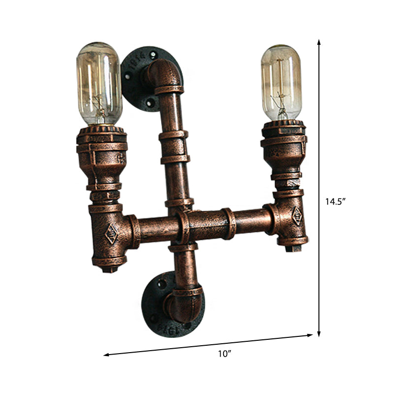 Frendorf | Warehouse Waterpijp Wandlamp met Blootgestelde Gloeilamp 2/3 Lichten IJzeren Wandlamp in Verweerd Koper