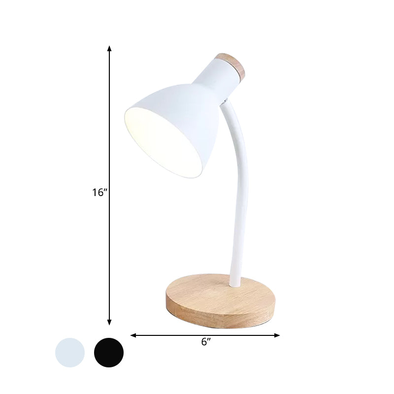 Flexibles Schwanenhals-Nachtlicht Modern Metallisch 1 Kopf Schwarz/Weiß Tischbeleuchtung mit Schalen-Schirm und runder Holzbasis