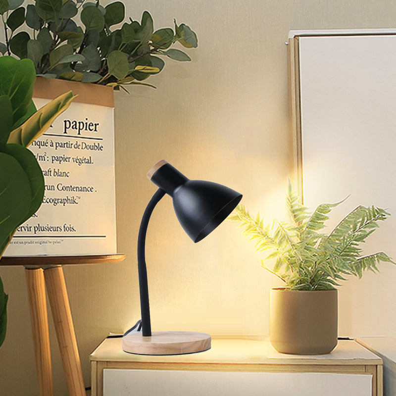 Flexibles Schwanenhals-Nachtlicht Modern Metallisch 1 Kopf Schwarz/Weiß Tischbeleuchtung mit Schalen-Schirm und runder Holzbasis