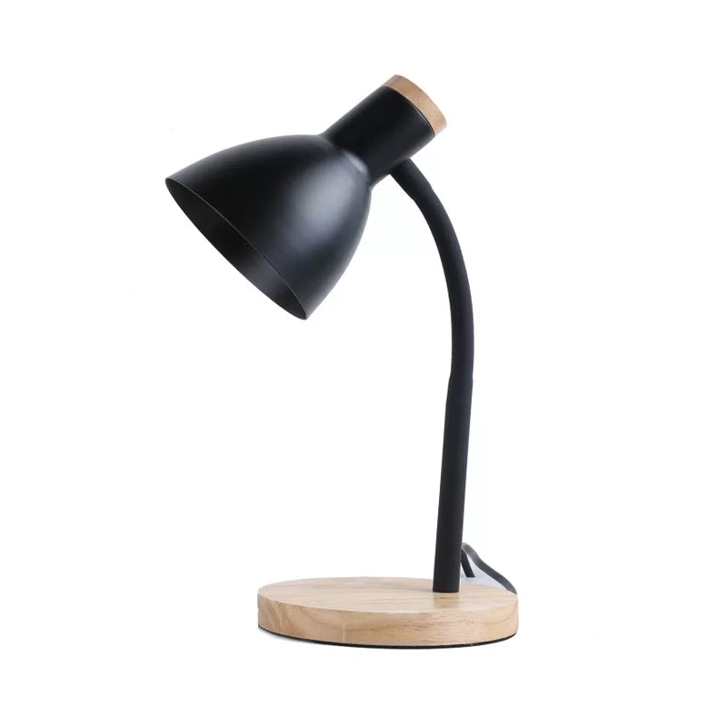 Flexibles Schwanenhals-Nachtlicht Modern Metallisch 1 Kopf Schwarz/Weiß Tischbeleuchtung mit Schalen-Schirm und runder Holzbasis