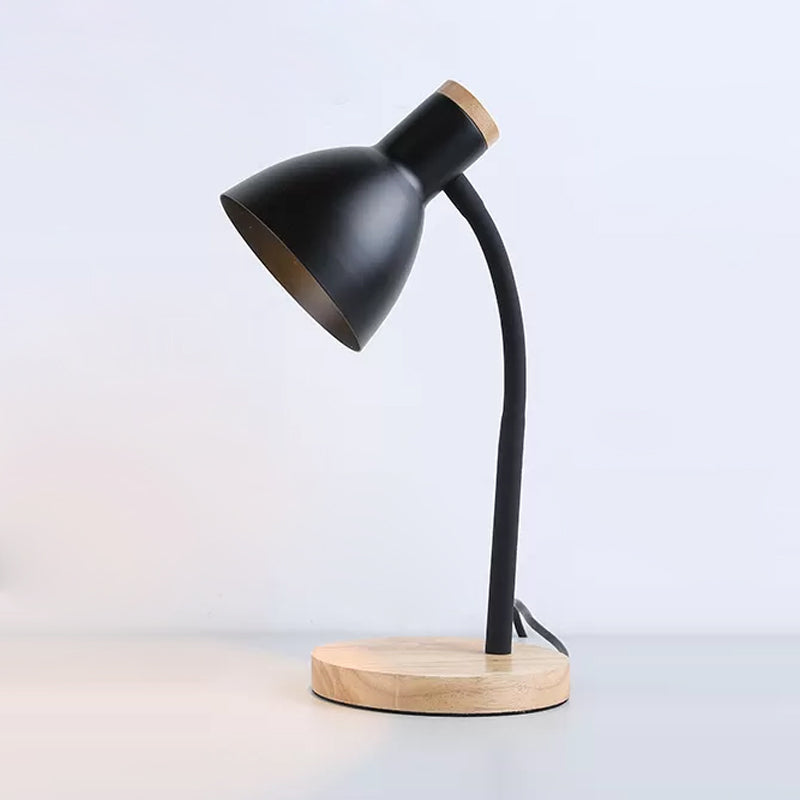 Flexibles Schwanenhals-Nachtlicht Modern Metallisch 1 Kopf Schwarz/Weiß Tischbeleuchtung mit Schalen-Schirm und runder Holzbasis