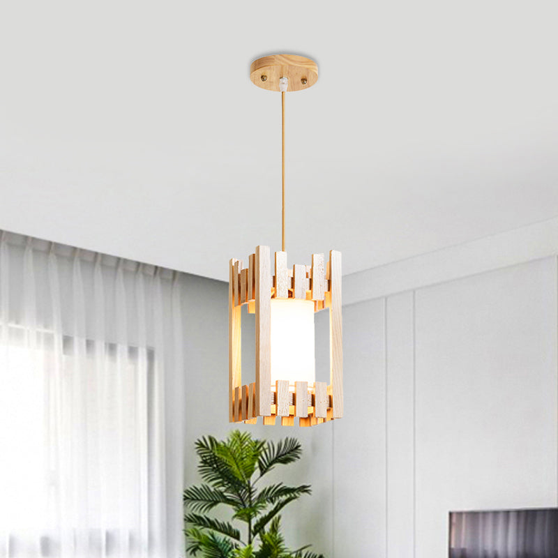 Zylinder Shade Bistro Pendelleuchte Stoff 1 Kopf Asien Hängelampe mit Holz Schutzgitter