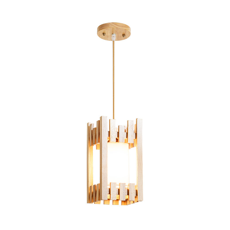 Zylinder Shade Bistro Pendelleuchte Stoff 1 Kopf Asien Hängelampe mit Holz Schutzgitter