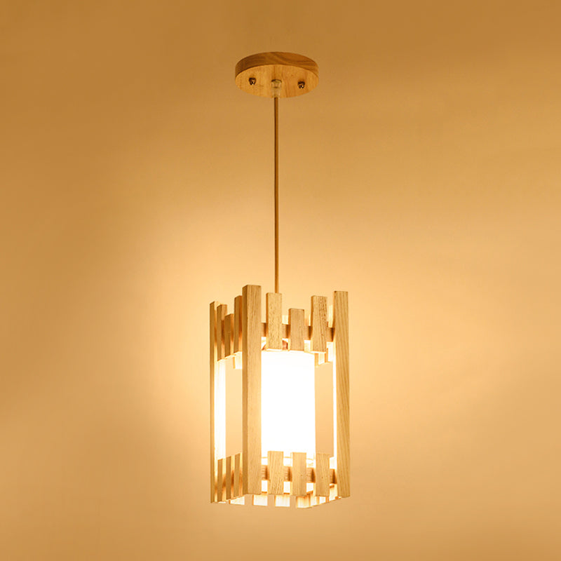 Zylinder Shade Bistro Pendelleuchte Stoff 1 Kopf Asien Hängelampe mit Holz Schutzgitter