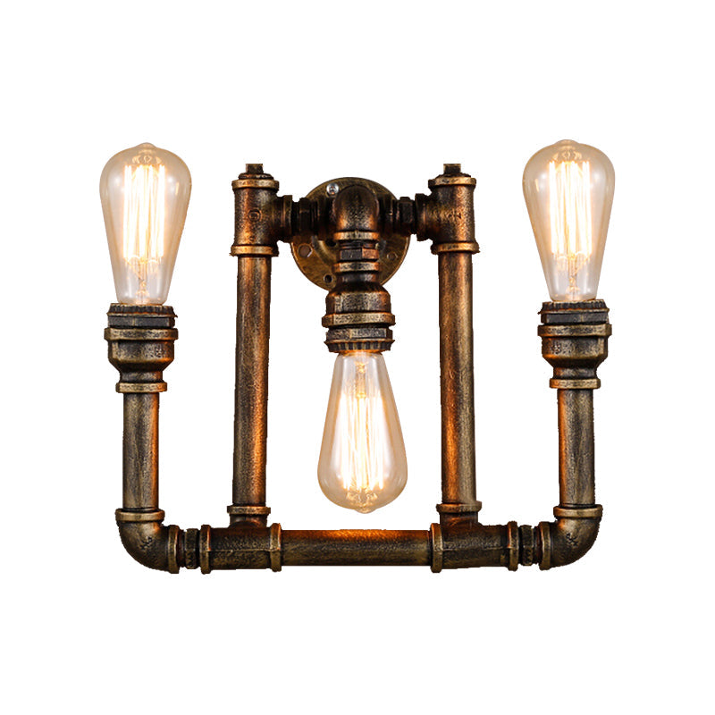 Frendorf | Industrielle Exposed Wandlampe mit Rohrdesign 3 Köpfe Schmiedeeisen Wandleuchte in antikem Messing für Flur