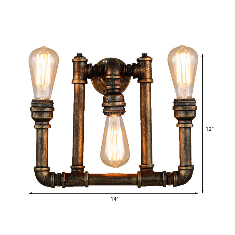 Frendorf | Industrielle Exposed Wandlampe mit Rohrdesign 3 Köpfe Schmiedeeisen Wandleuchte in antikem Messing für Flur