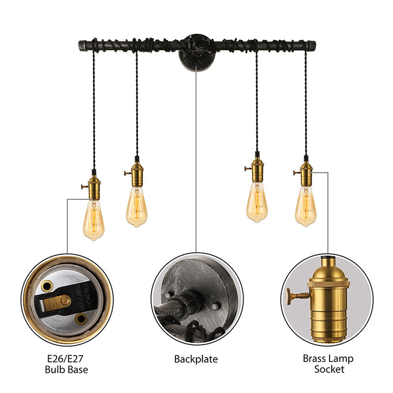 Frendorf | 4 Lichten Lineaire Pijp Muurlicht Wandlamp met Open Gloeilamp Industieel Messing Metaal Muurmontage Lamp
