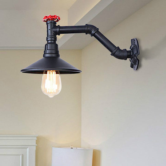 Frendorf | 1 Kopfrohr Wandlampe mit Kegelshade und Ventil Vintage Industrie Schwarz Metall Wandlampe Wandleuchte