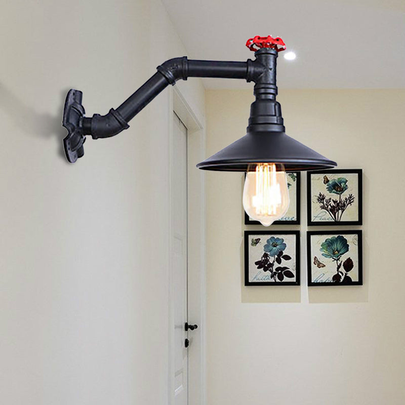 Frendorf | 1 Kopfrohr Wandlampe mit Kegelshade und Ventil Vintage Industrie Schwarz Metall Wandlampe Wandleuchte