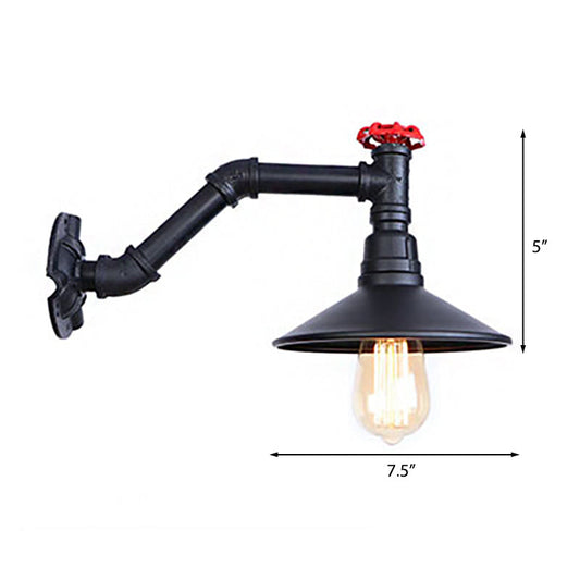 Frendorf | 1 Kopfrohr Wandlampe mit Kegelshade und Ventil Vintage Industrie Schwarz Metall Wandlampe Wandleuchte