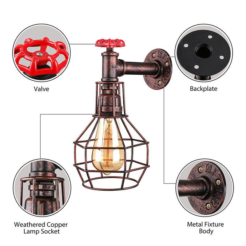 Frendorf | Globe Caged Corridor Wandlamp met Ventiel Deco Vintage Metaal 1 Licht Zwart/Bronze Wandlamp