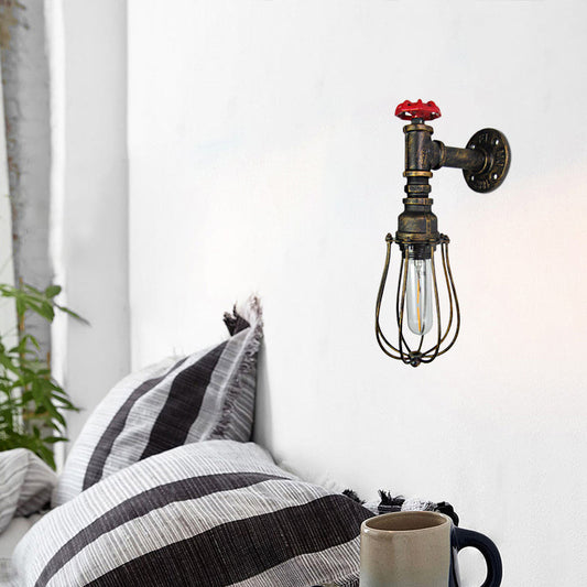 Frendorf | 1 Kopf Glühlampe geformte Wandlampe mit Drahtschutz und rohem Ventil Industrie Antik Messing Eisen Wandmontage Licht