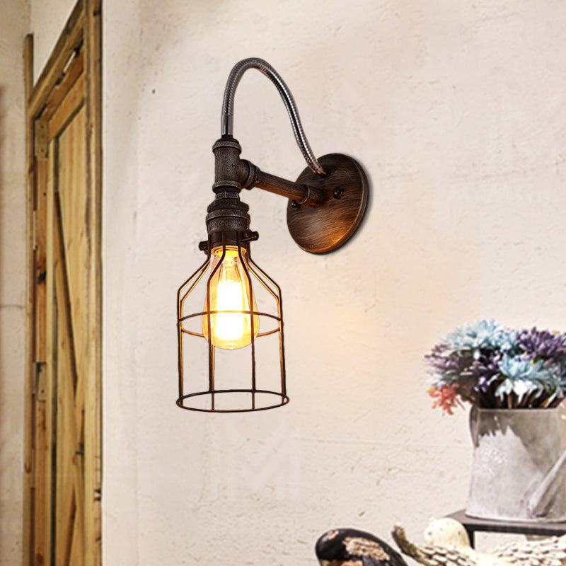 Frendorf | Warehouse Caged Wandlamp Fixture met Gooseneck Arm 1 Licht Metaal Wandlicht in Roest