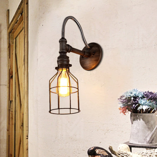 Frendorf | Warehouse Caged Wandlamp Fixture met Gooseneck Arm 1 Licht Metaal Wandlicht in Roest