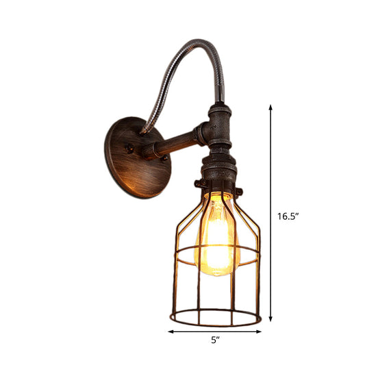 Frendorf | Warehouse Caged Wandlamp Fixture met Gooseneck Arm 1 Licht Metaal Wandlicht in Roest