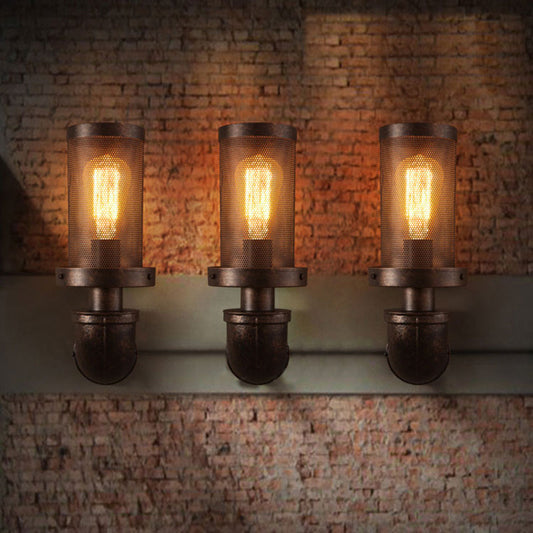 Frendorf | 1 Licht Metall Wandverlichting Industrieel Zwart Gaas Cilinder Schaduw Slaapkamer Wandlamp Fixture met Pijp