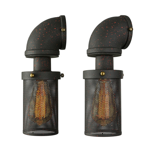 Frendorf | 1 Licht Metall Wandverlichting Industrieel Zwart Gaas Cilinder Schaduw Slaapkamer Wandlamp Fixture met Pijp