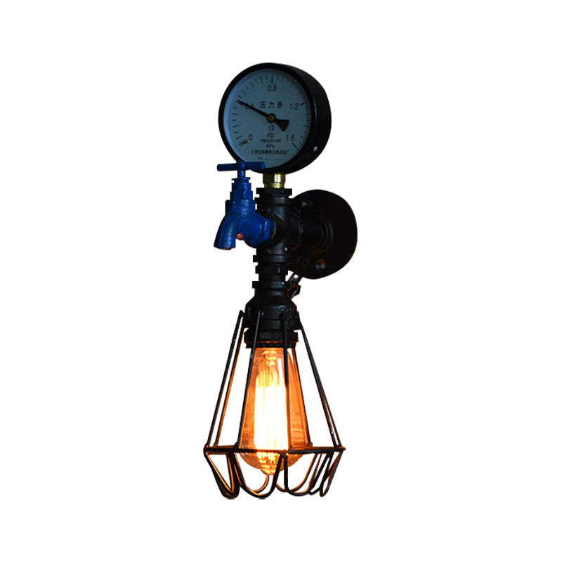 Frendorf | Industrielle Diamantkäfig Wandlampe 1 Licht Schmiedeeisen Wandbeleuchtung mit Messgerät und Wasserhahn in Silber/Blau