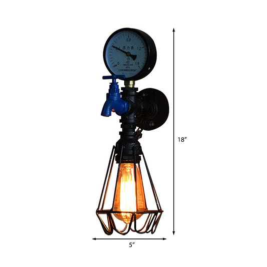Frendorf | Industrielle Diamantkäfig Wandlampe 1 Licht Schmiedeeisen Wandbeleuchtung mit Messgerät und Wasserhahn in Silber/Blau