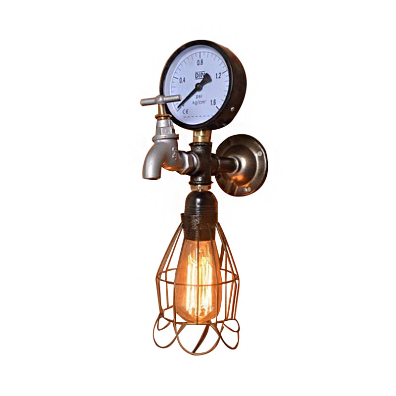 Frendorf | Industrielle Diamantkäfig Wandlampe 1 Licht Schmiedeeisen Wandbeleuchtung mit Messgerät und Wasserhahn in Silber/Blau