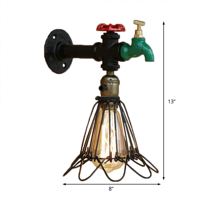 Frendorf | Schwarze Ausführung 1-Glühbirne Wand sconce Rustikales Metall Käfig Schirm Beleuchtung Armatur mit Wasserhahn und Ventil