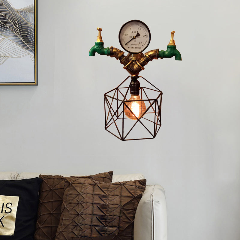 Frendorf | 1-licht Hexagon Cage Wandverlichting met Kraan en Druksensor Deco Industrieel Antiek Messing Metalen Wandlamp Licht