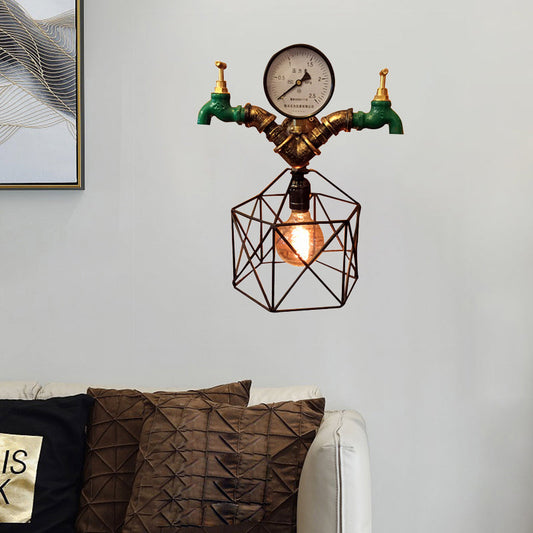 Frendorf | 1-licht Hexagon Cage Wandverlichting met Kraan en Druksensor Deco Industrieel Antiek Messing Metalen Wandlamp Licht