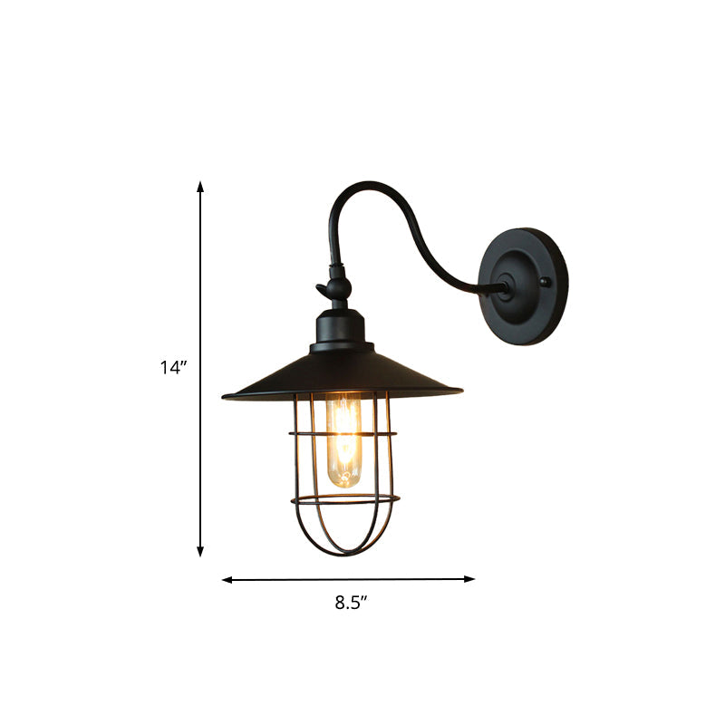 Frendorf | Metalen Zwarte Wandlamp Uitlopende Kap 1 Hoofd Nautische Stijl Wandverlichting met Draadframe voor Gang