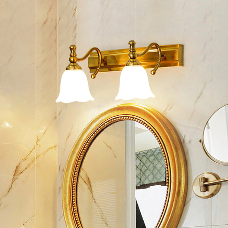 Frendorf | 2/3 Köpfe Wand Vanity Licht Kolonial Badezimmer Wandlampe mit Blumen Opalglas Schirm in Gold