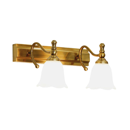 Frendorf | 2/3 Köpfe Wand Vanity Licht Kolonial Badezimmer Wandlampe mit Blumen Opalglas Schirm in Gold