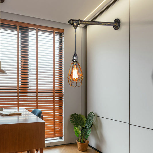 Frendorf | 1 Kopf Eisen Wandlampe Rustikaler Stil Antikes Messing Käfigschatten Esszimmer Wandleuchte mit Rohr